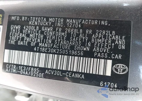 2005 Toyota Camry Le z USA, uszkodzony, nr VIN 4T1BE30K25U519656